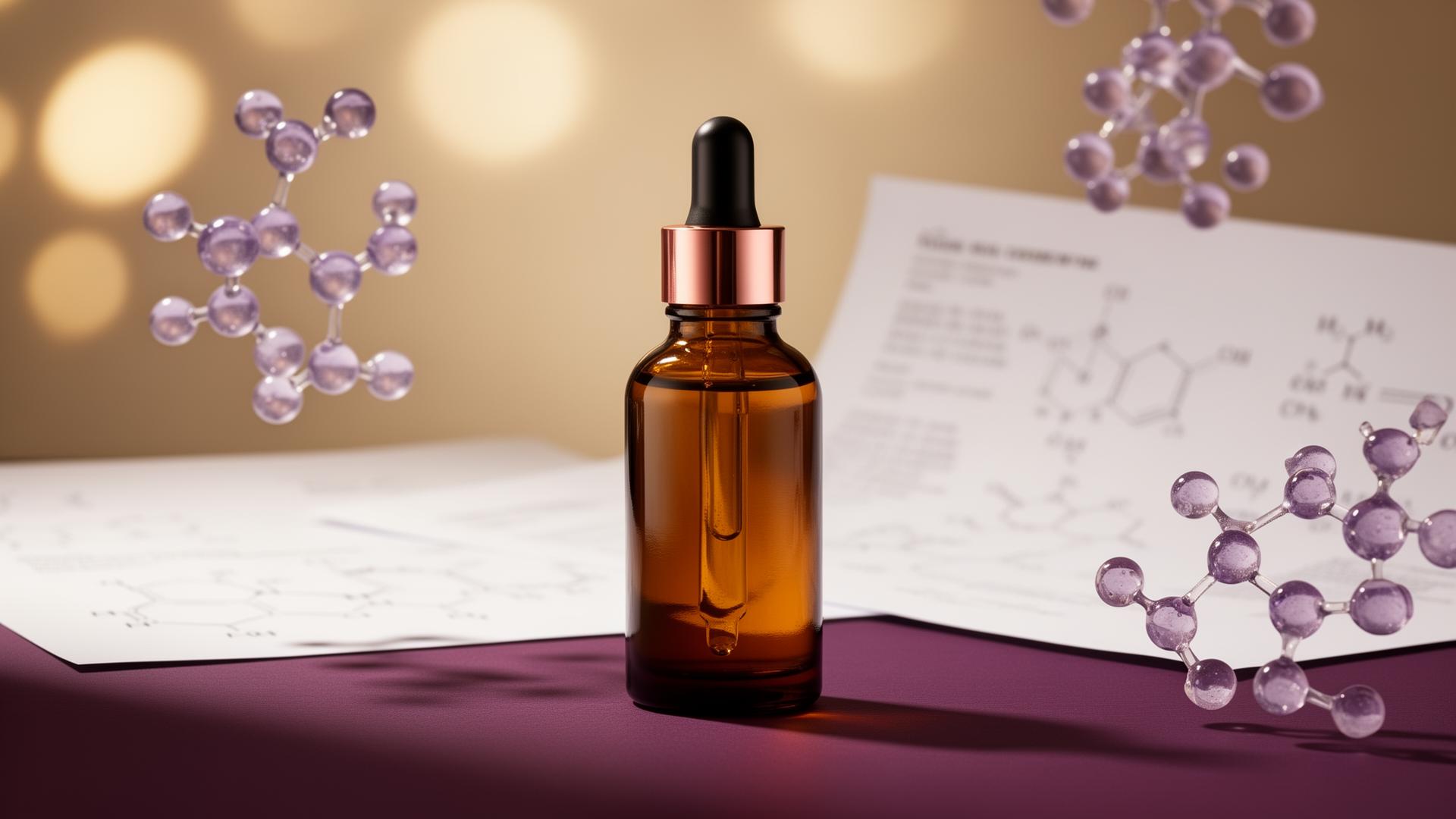 Flacon de produs cosmetic premium și documentație tehnică pe fundal champagne