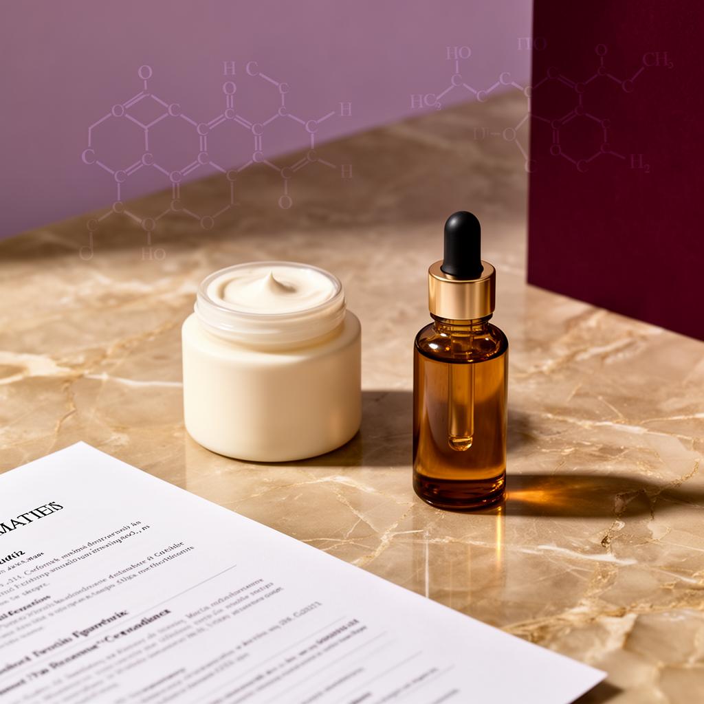Cremă cosmetică, ser și documentație tehnică pe marmură champagne